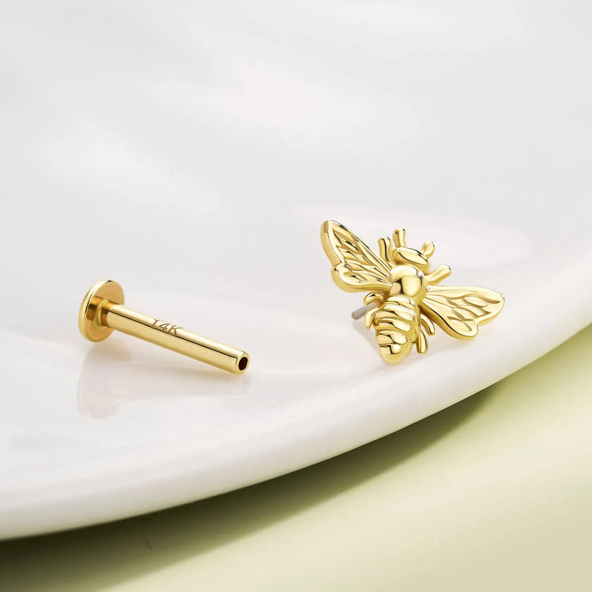 14K Solid Gold Flying Bee Push Pin Labret Nose Stud