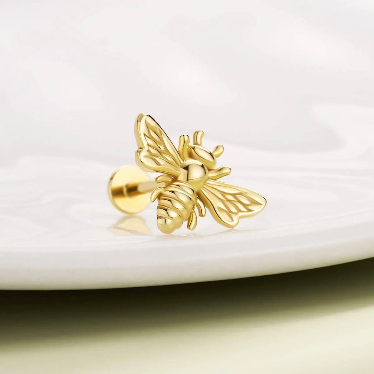 14K Solid Gold Flying Bee Push Pin Labret Nose Stud