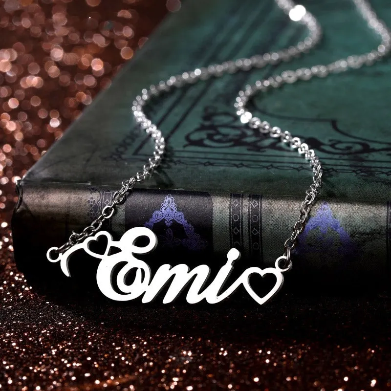 18K Personalized Name Necklace With Tiny Heart