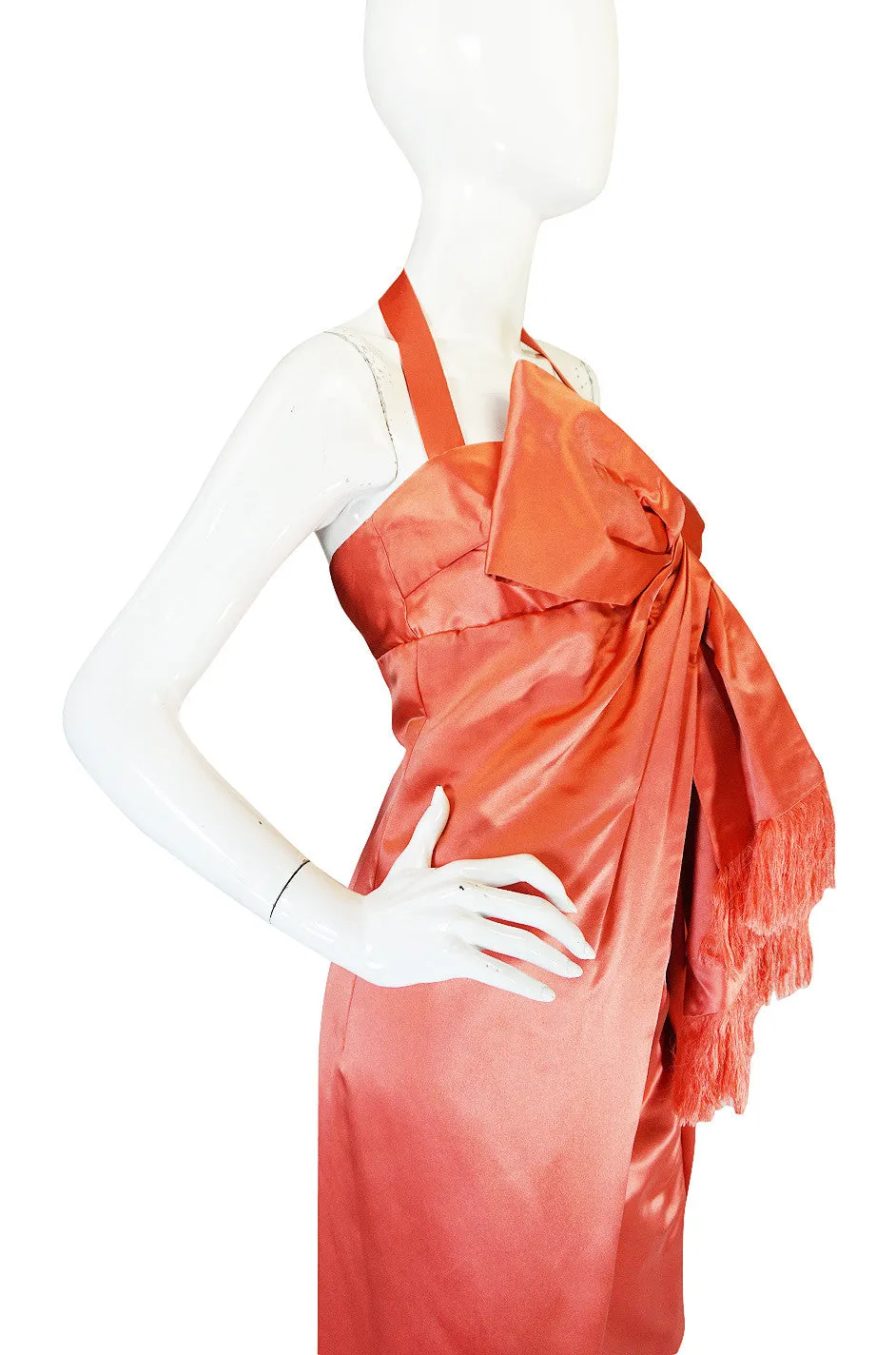 1950s Coral Silk Satin Bow Dress