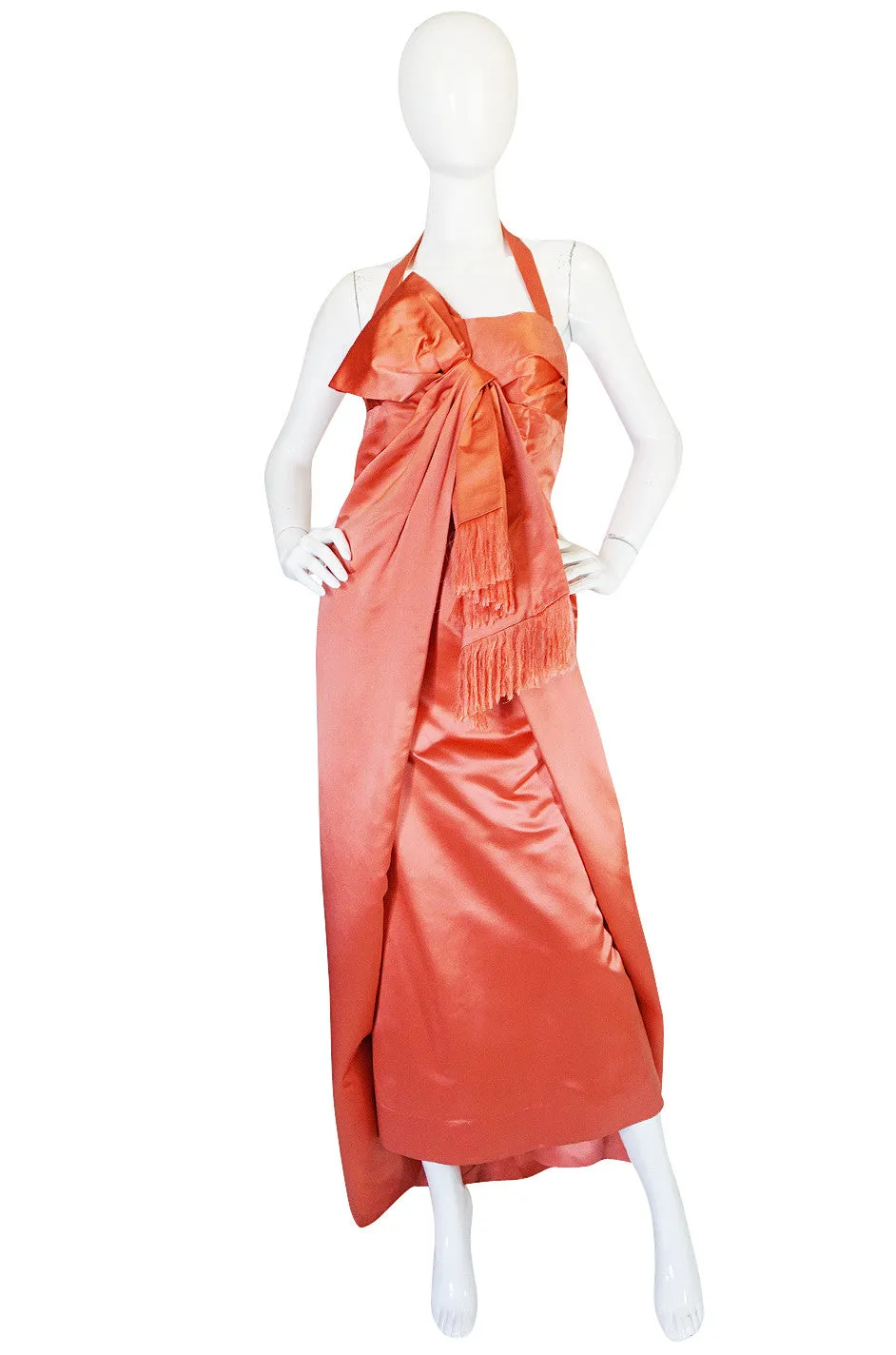 1950s Coral Silk Satin Bow Dress