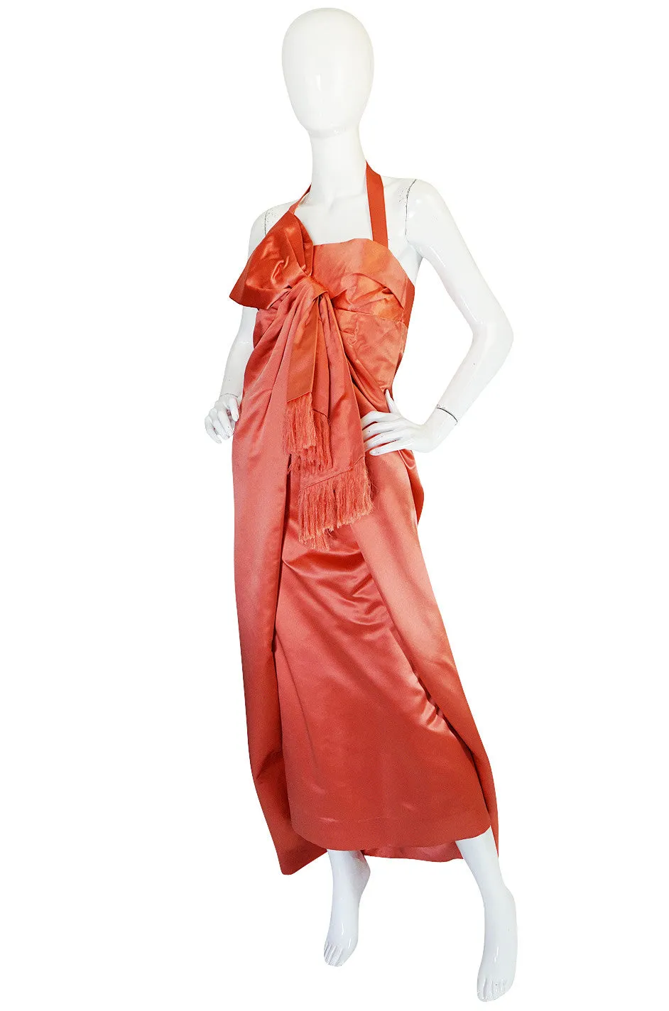 1950s Coral Silk Satin Bow Dress