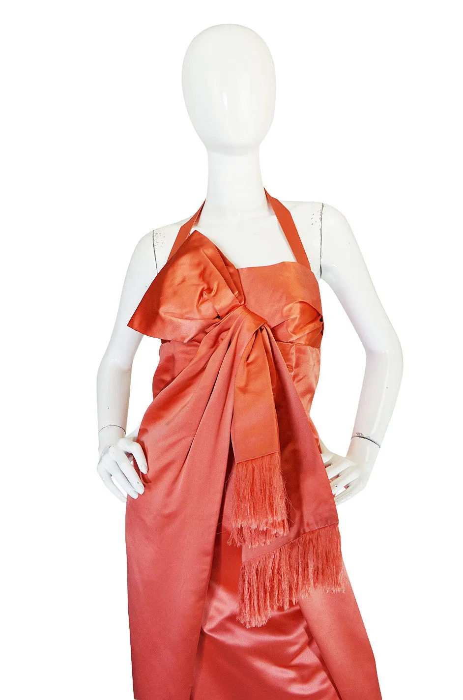 1950s Coral Silk Satin Bow Dress