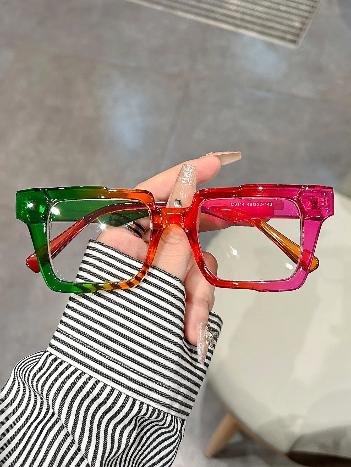 1pc Green&Purple Ombre Square Glasses Lady Decorative Eyewear Plastic Frame Personalized Fashionable Street Snap Clear Glasses Accessories