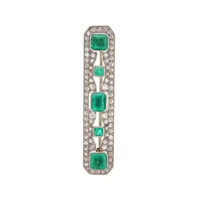 Art Deco French Emerald Diamond 18K White Gold Platinum Bar Brooch