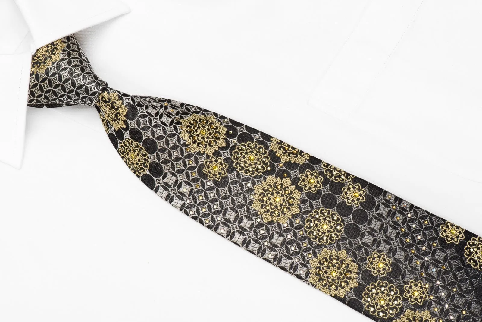 Avalon Men's Crystal Silk Necktie Gold Medallions Silver Geometric On Black With Gold Sparkles