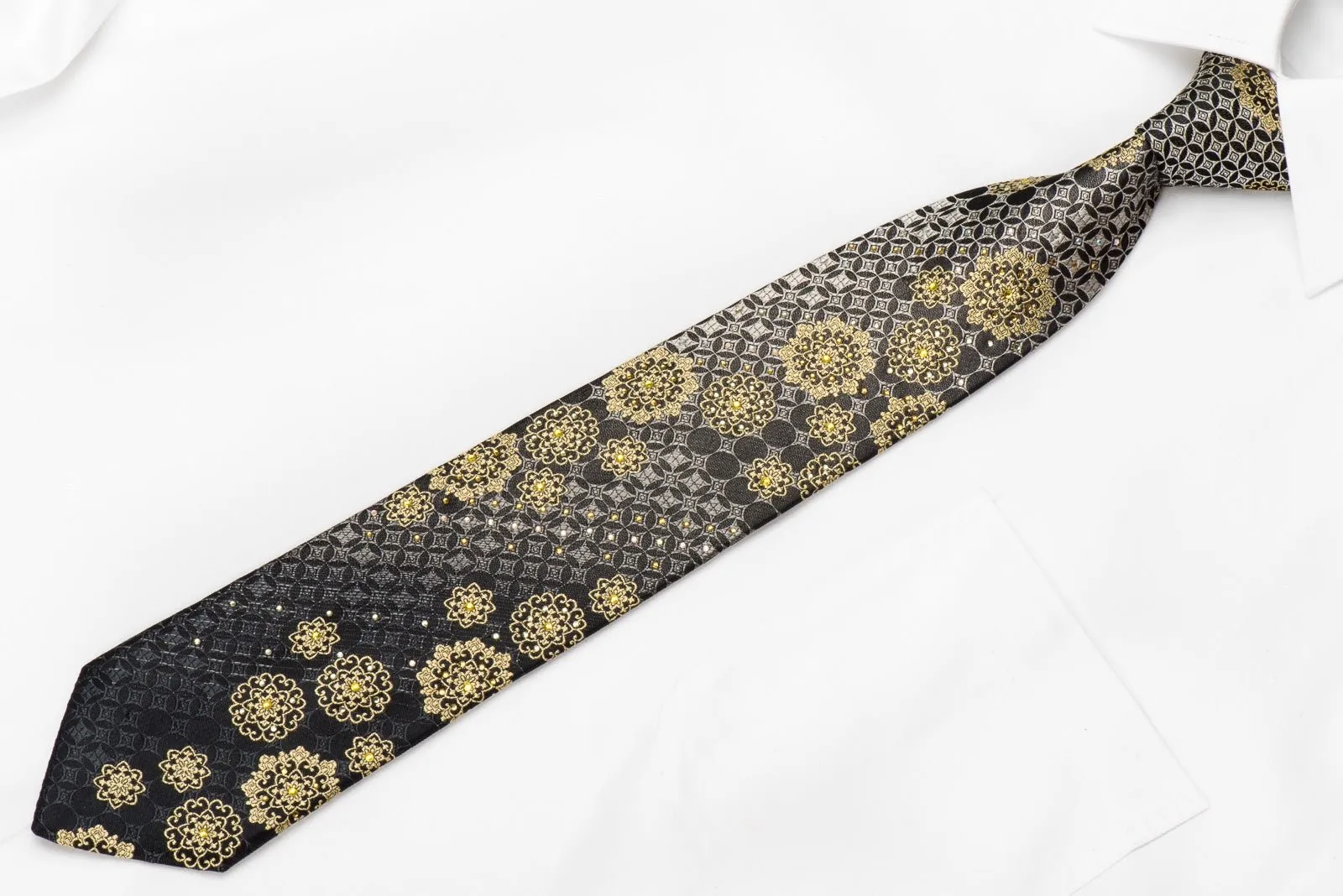 Avalon Men's Crystal Silk Necktie Gold Medallions Silver Geometric On Black With Gold Sparkles