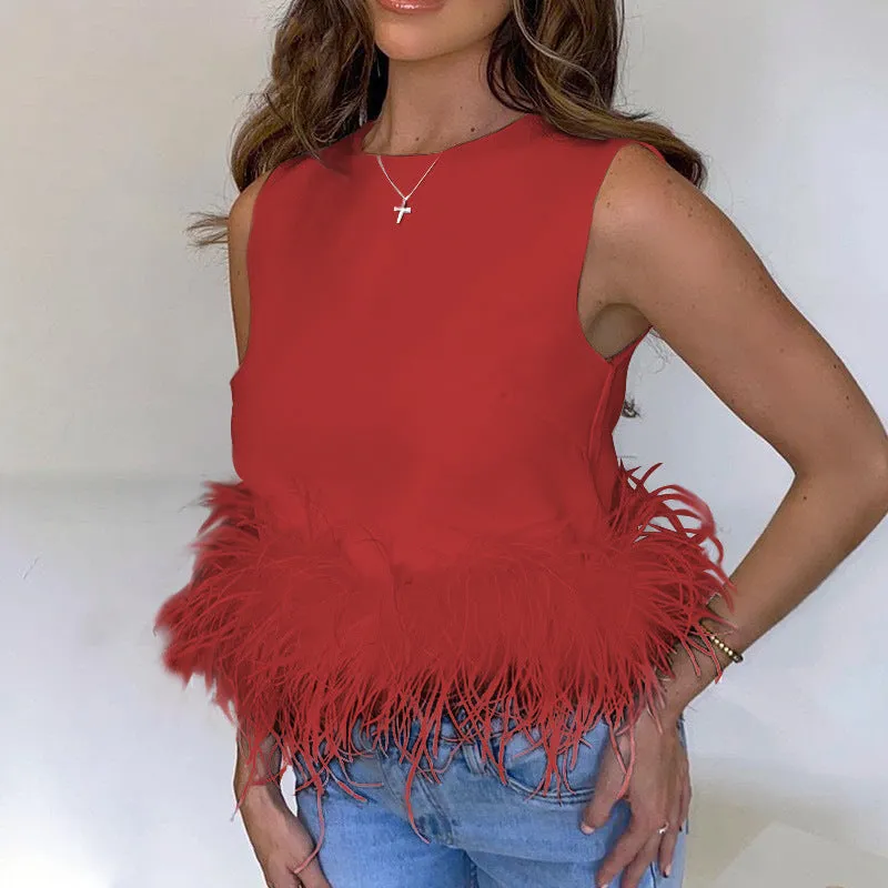 Back Zip Sleeveless Panel Feather Tank Top T-Shirt