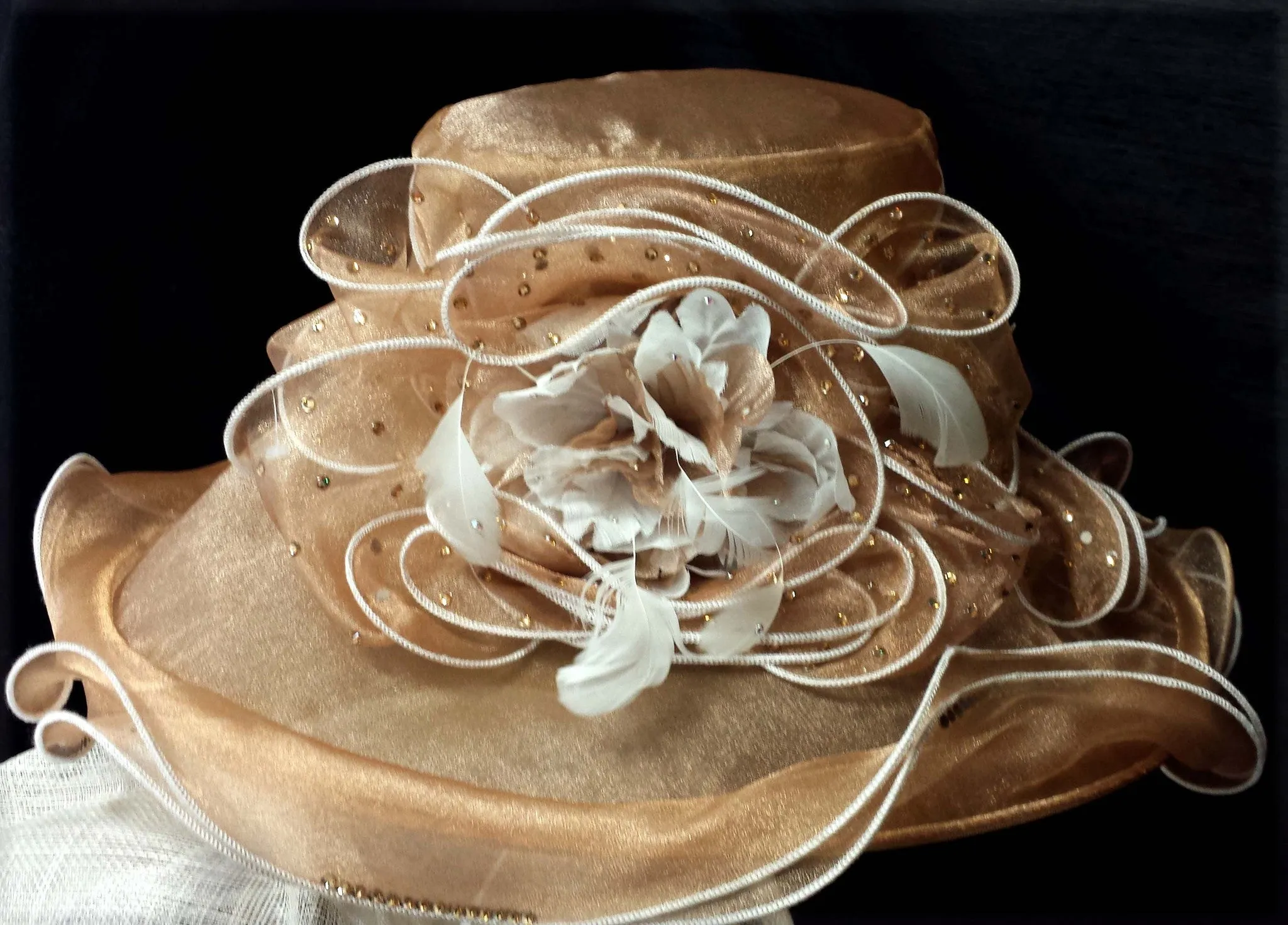 Beige Organdy Hat with White Edging