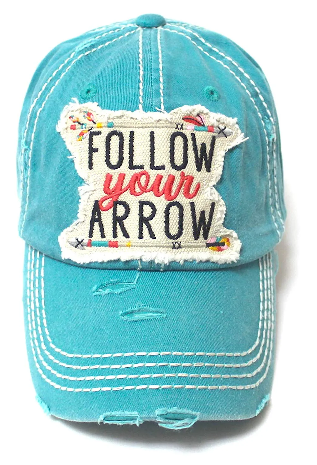 Camping Ballcap Follow Your Arrow Patch Embroidery Adjustable Baseball Hat, Turquoise Blue