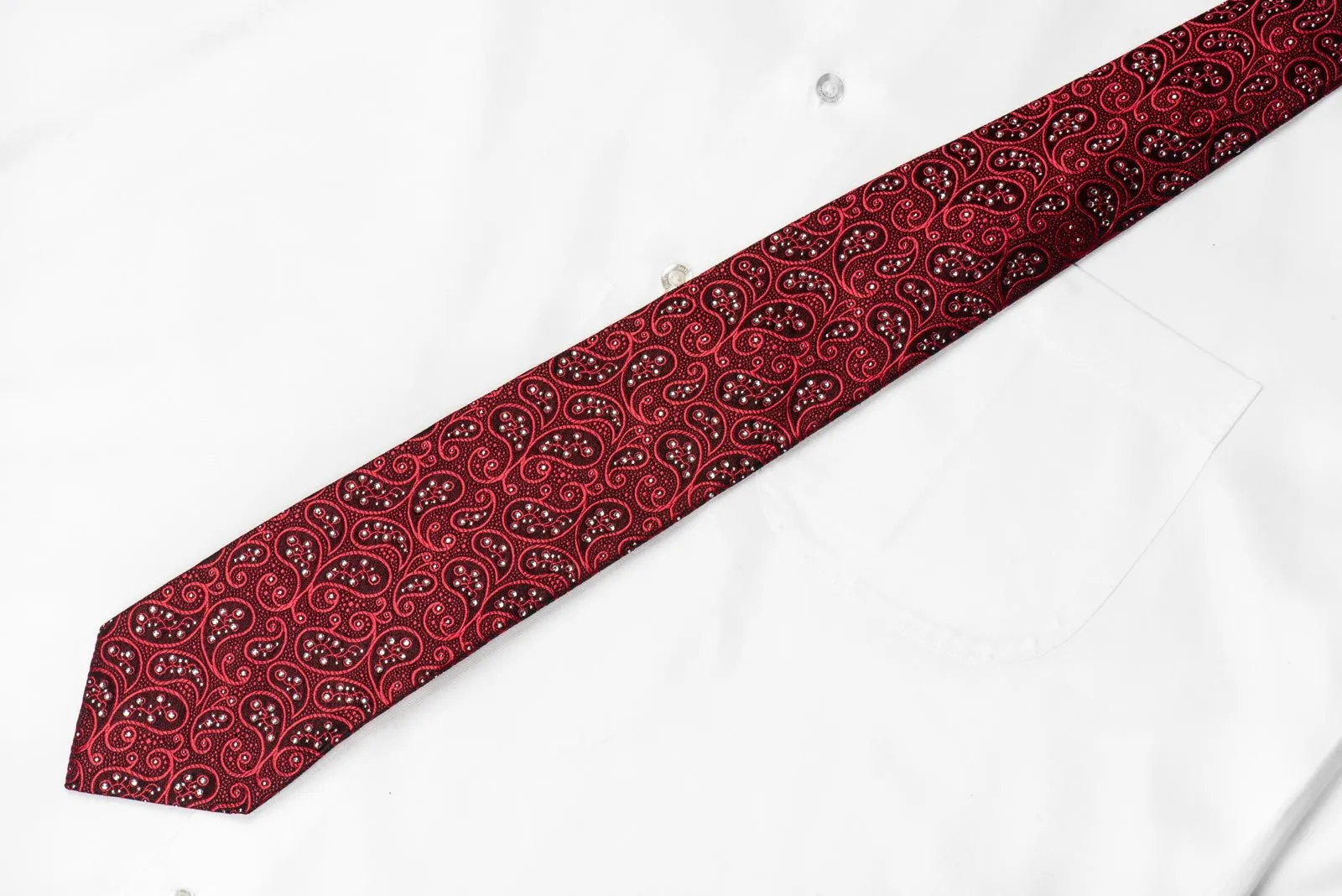 Countess Mara Men's Crystal Tie Paisley On Red Burgundy Silk With Silver Sparkles