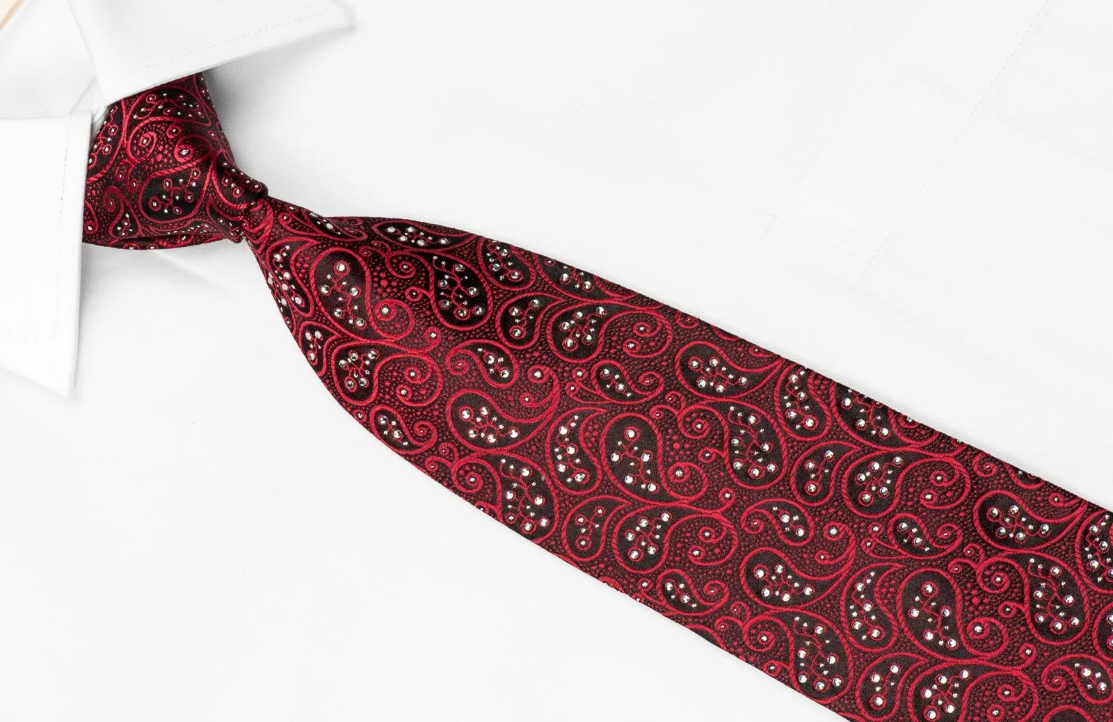 Countess Mara Men's Crystal Tie Paisley On Red Burgundy Silk With Silver Sparkles