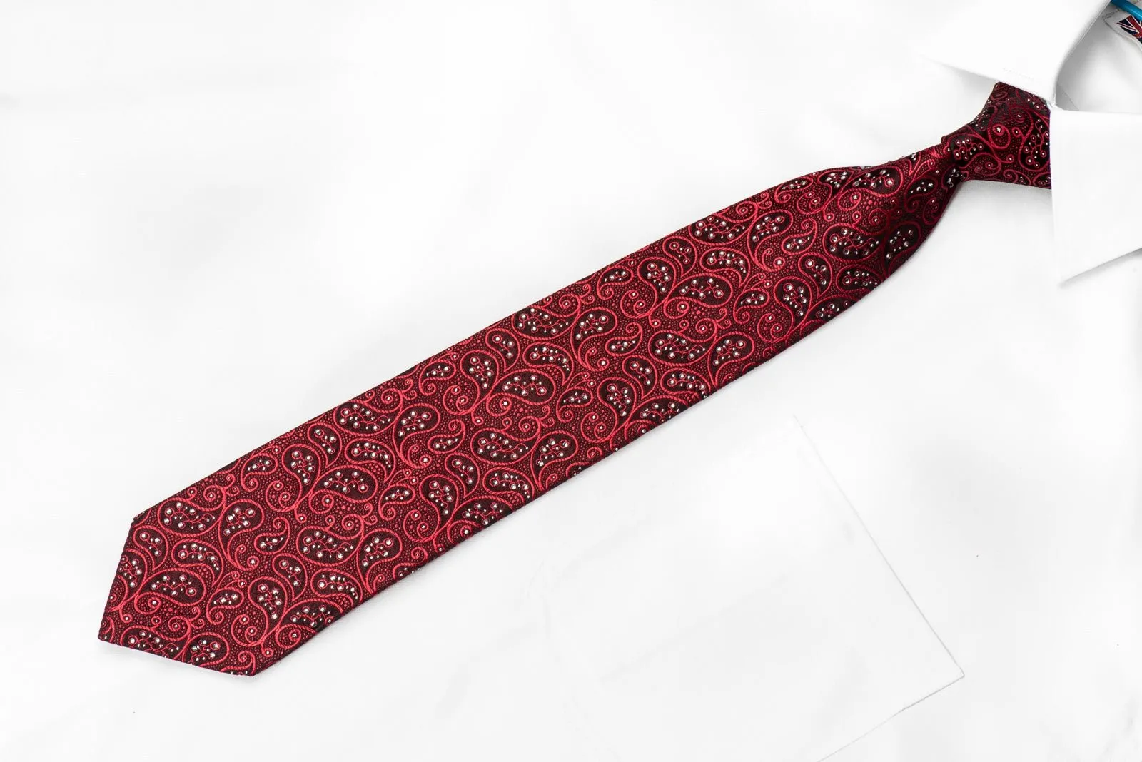 Countess Mara Men's Crystal Tie Paisley On Red Burgundy Silk With Silver Sparkles