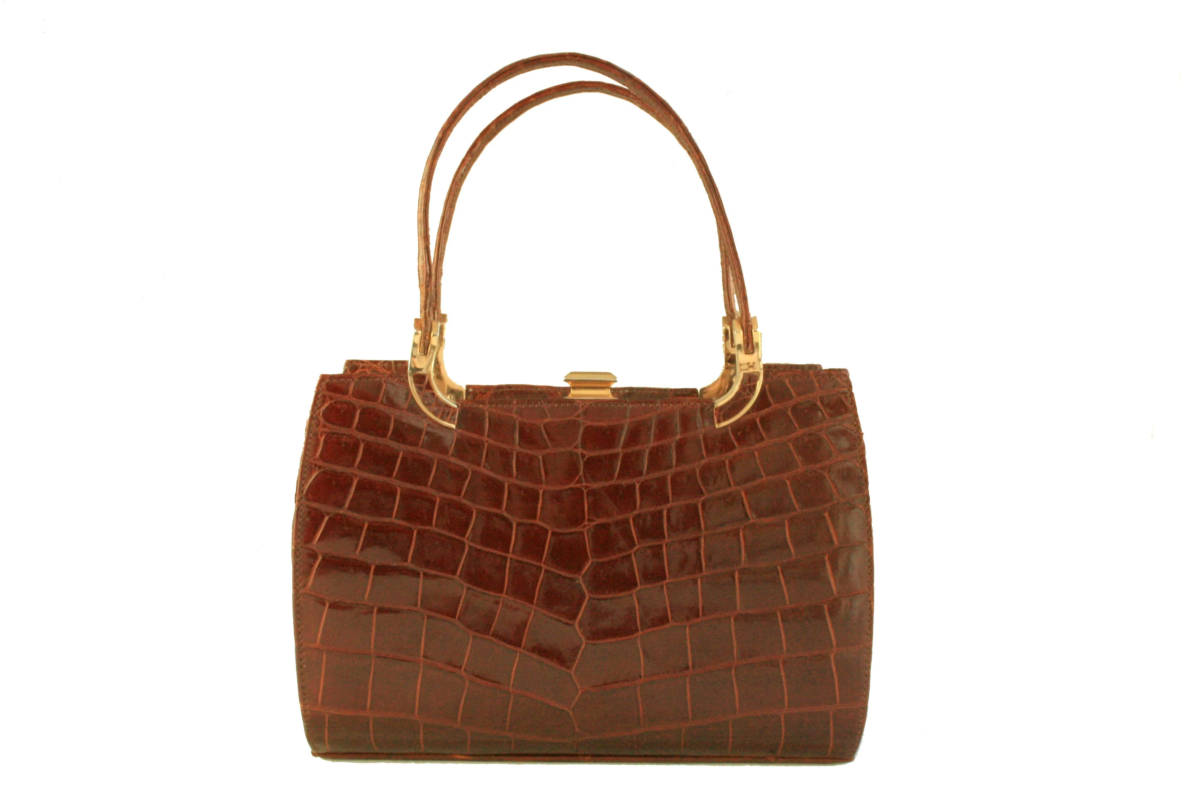 Crocodile skin frame handbag with twin handle