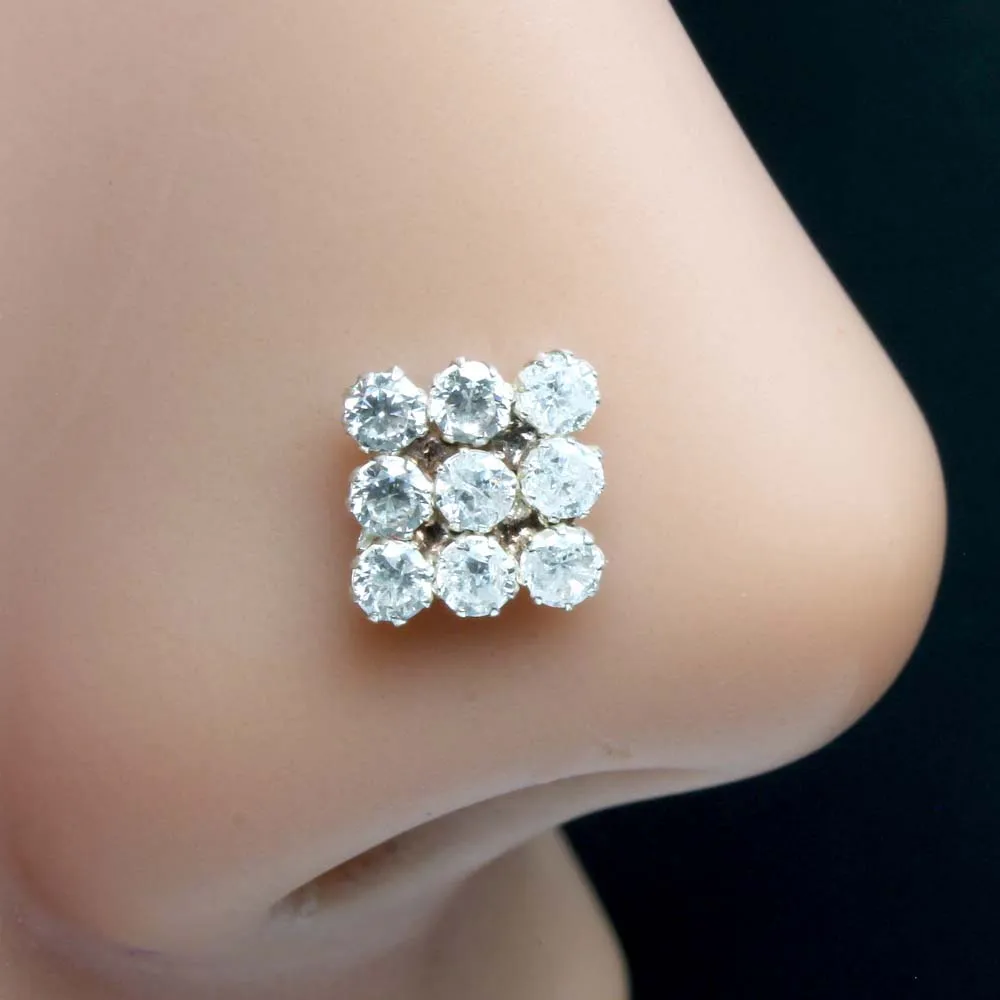 Cute Sterling Silver Nose pin with White stones in Twisted style