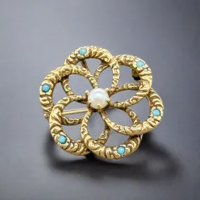 Estate Retro 14K Y Gold Pearl Flower Pin