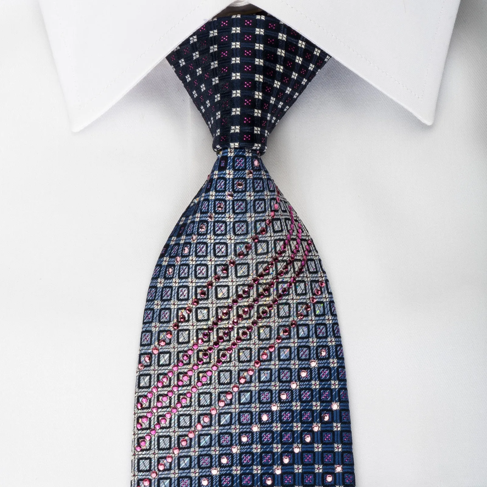 Geometric Checkered On Blue Rhinestone Necktie With Purple Sparkles