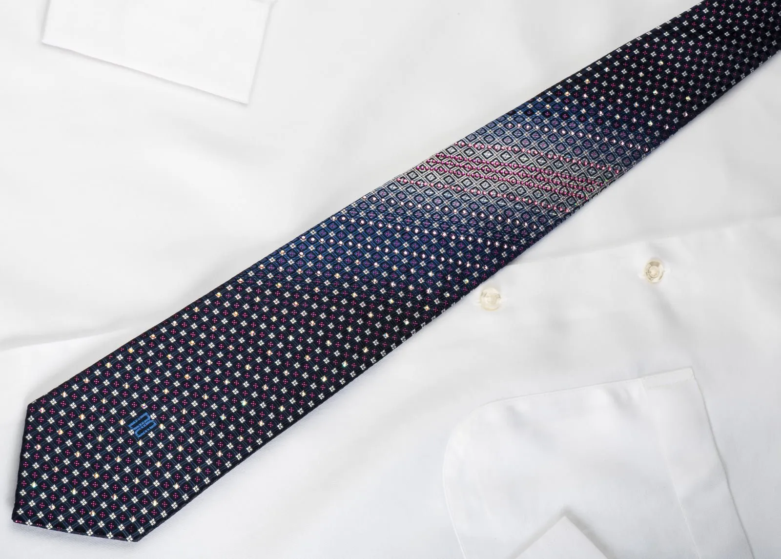 Geometric Checkered On Blue Rhinestone Necktie With Purple Sparkles