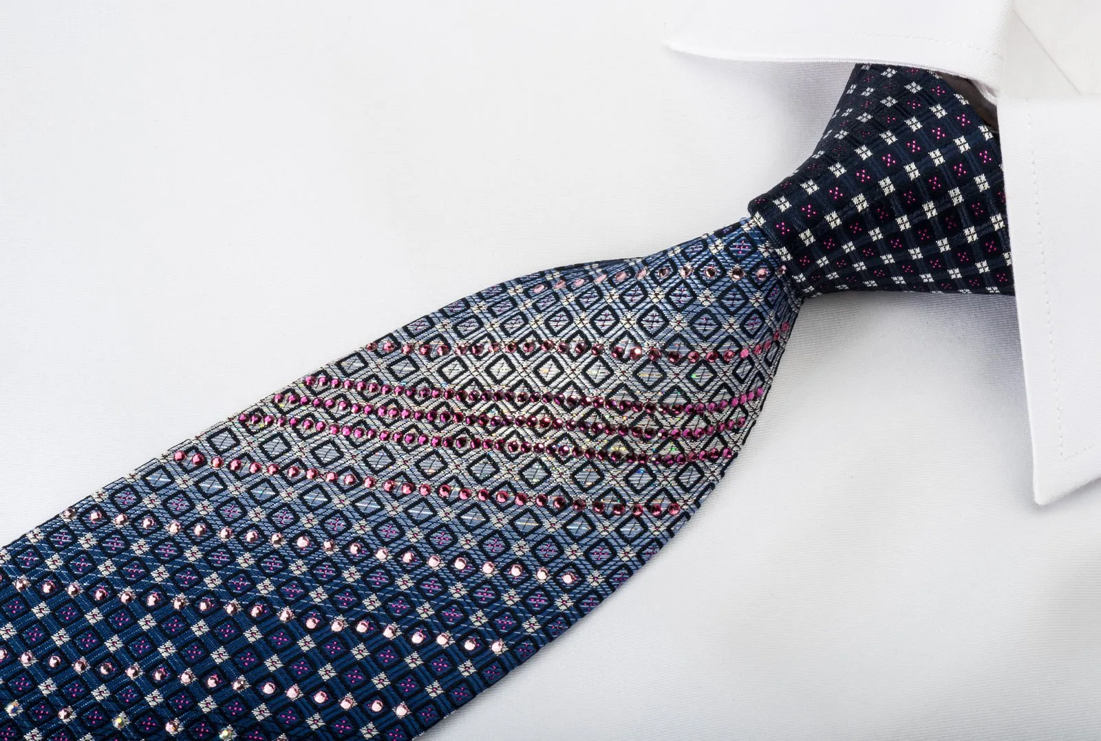 Geometric Checkered On Blue Rhinestone Necktie With Purple Sparkles