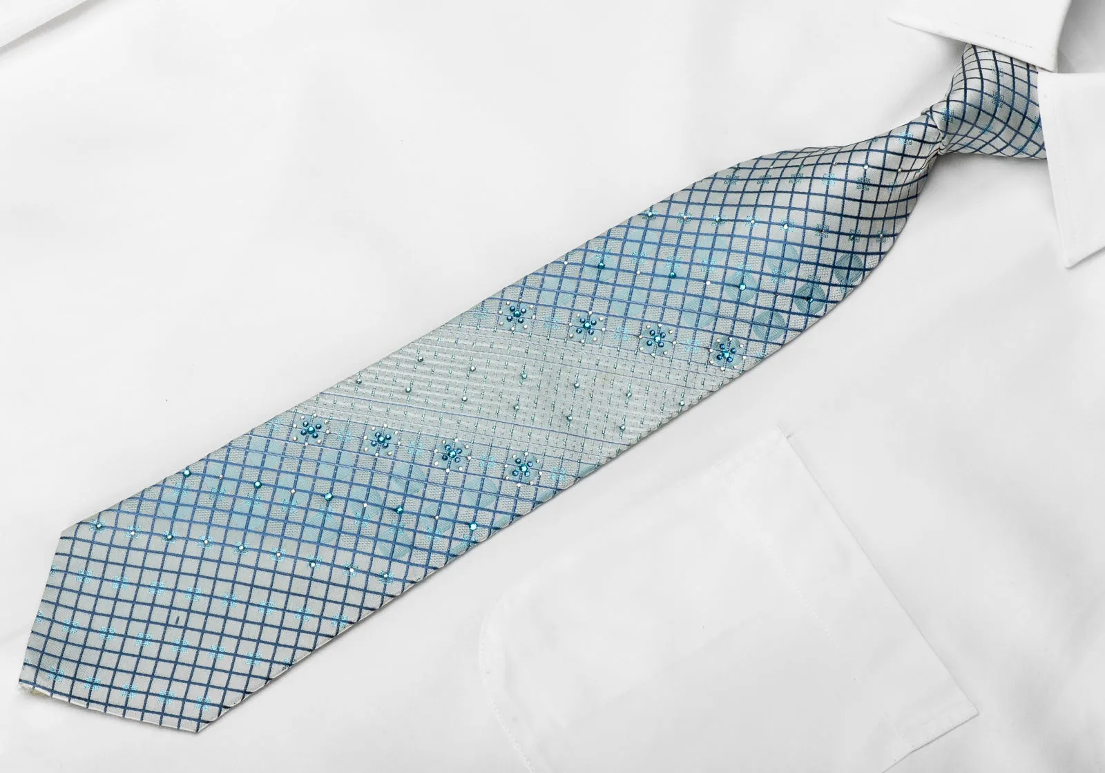 Giorgio Ferri Mens Crystal Rhinestone Silk Tie Trellis On Blue With Sparkles