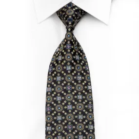 Golden Medallions On Navy Men's Crystal Rhinestone Silk Necktie With Silver Sparkles