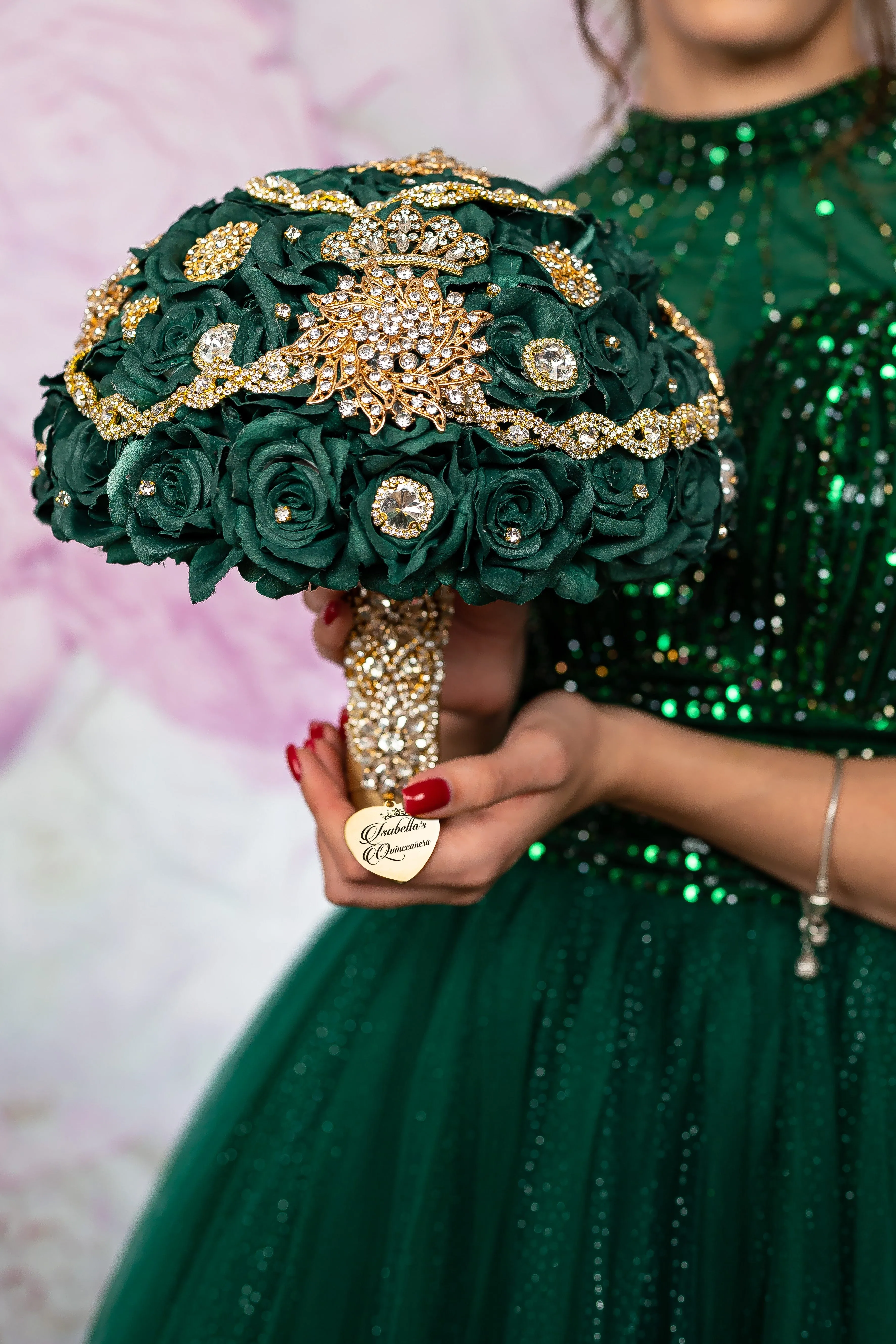 Green quinceanera bouquet 9 inches