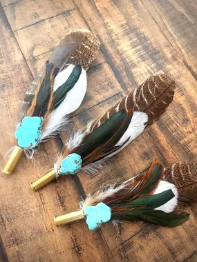 Hat Feather Clip - Brown Turkey Wing w/Turquoise