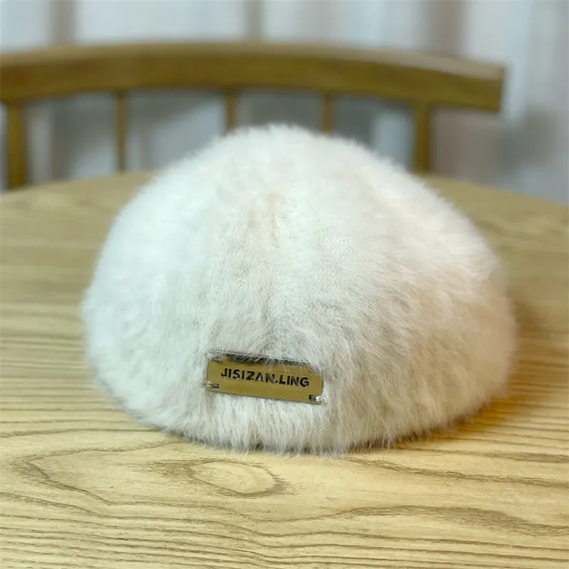 Hat female winter plush all-match rabbit fur retro beret female artist cap solid color