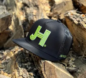 Jobes Hats All black Trucker- 3D neon green/ Charcoal outline