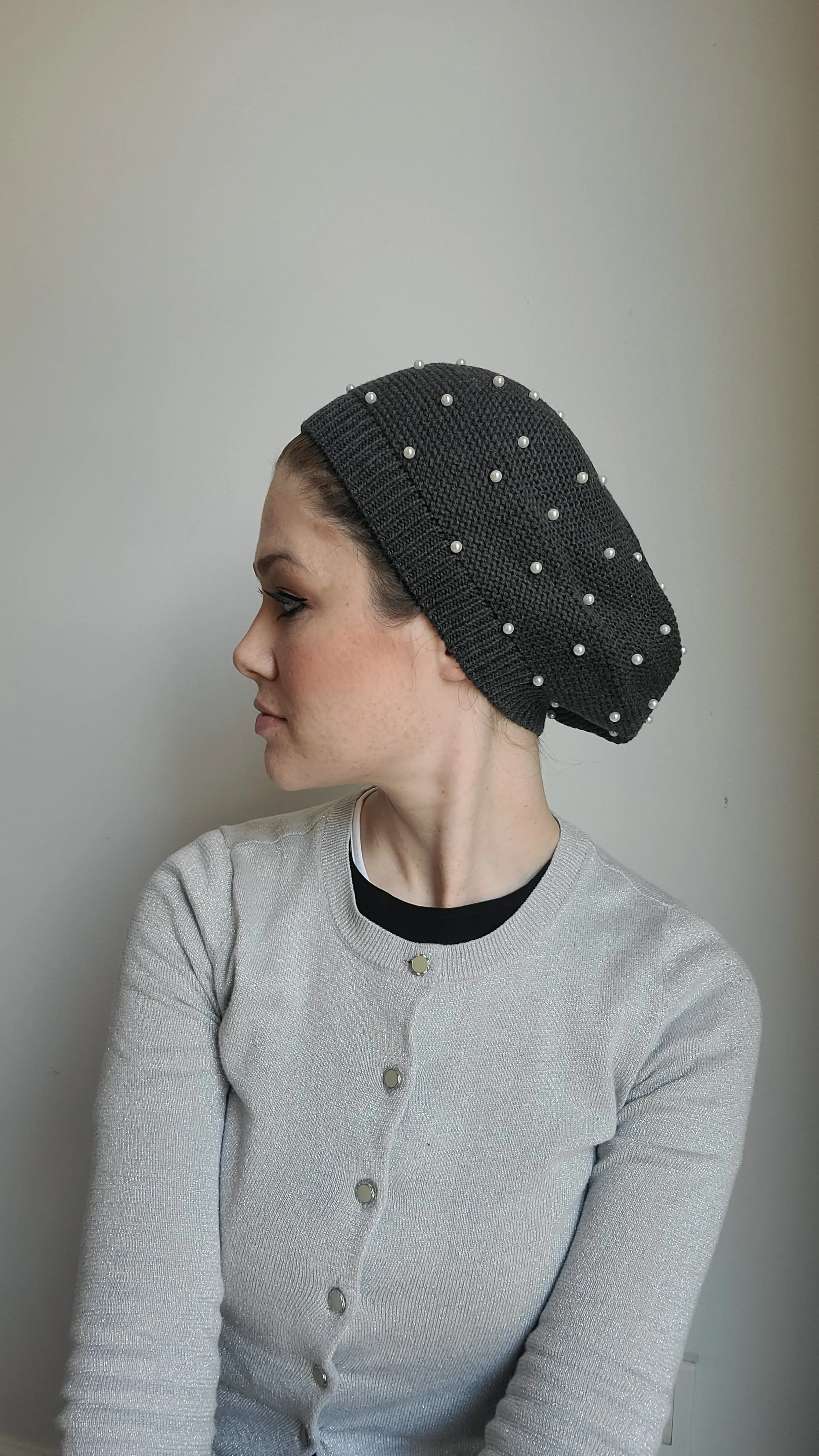 Large Size Cotton Beret with Pearls