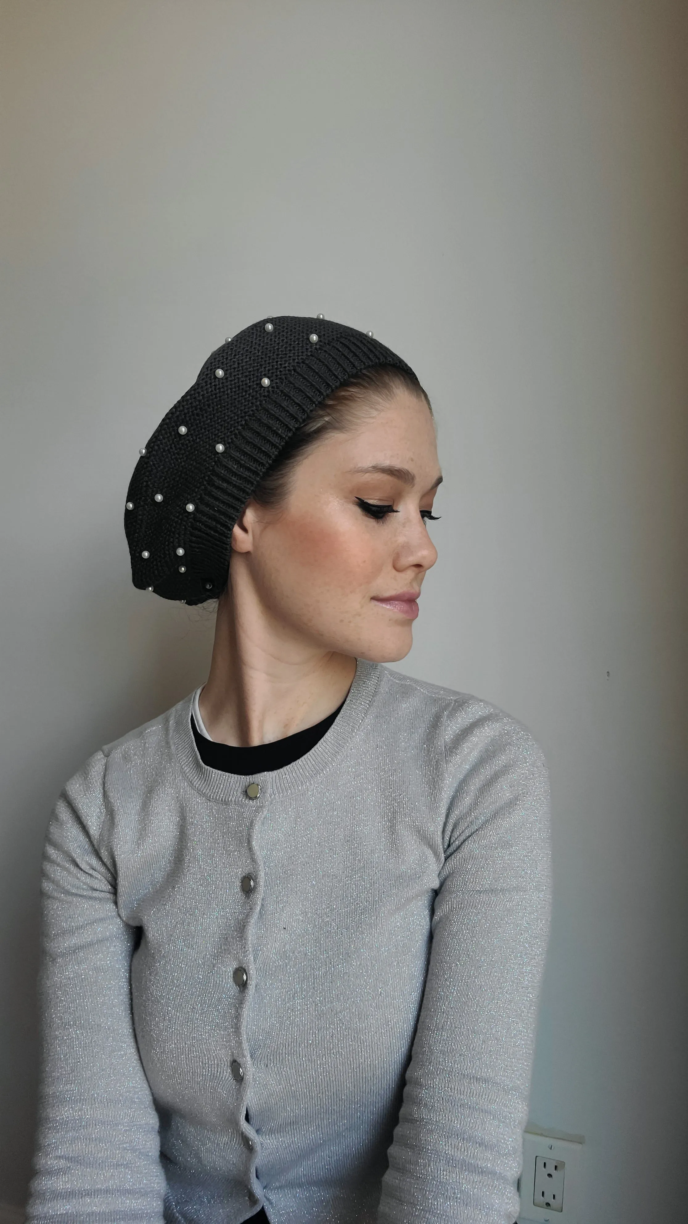 Large Size Cotton Beret with Pearls