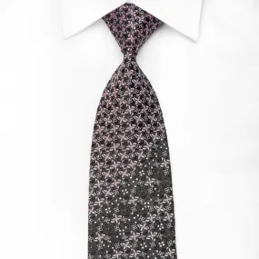 Louis Quatorze Men's Crystal Silk Necktie Silver Pink Floral On Black With Silver Sparkles