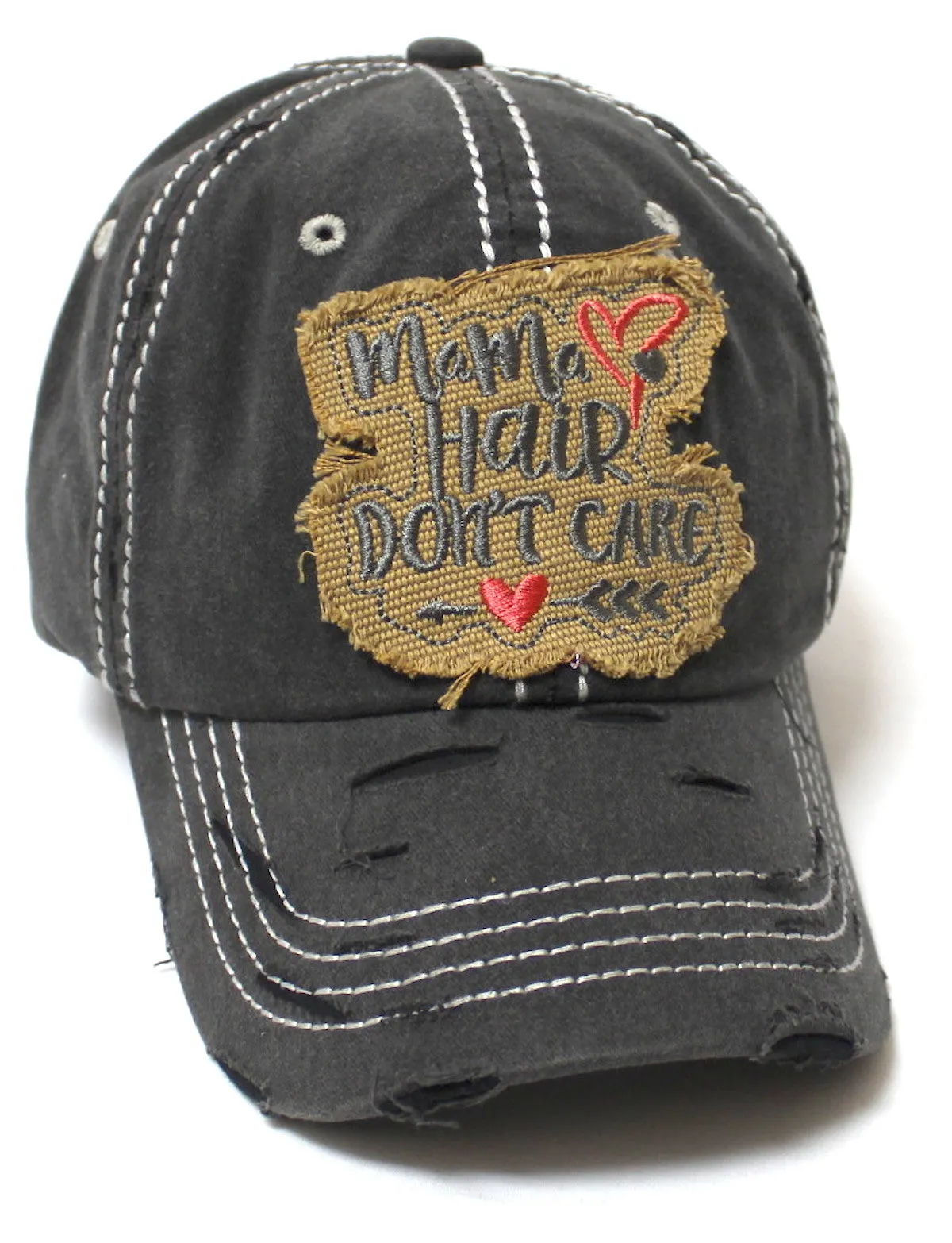 Mama Hair Don't Care Hearts & Arrow Monogram Patch Embroidery Adjustable Hat, Vintage Black