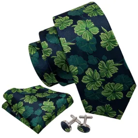 Men's Green Floral 100% Silk Neck Tie With Matching Hanky And Cufflinks Set