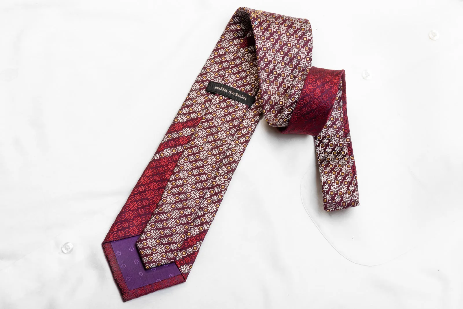 Mila Schon Men's Crystal Rhinestone Necktie Scrolls On Burgundy With Gold Sparkles