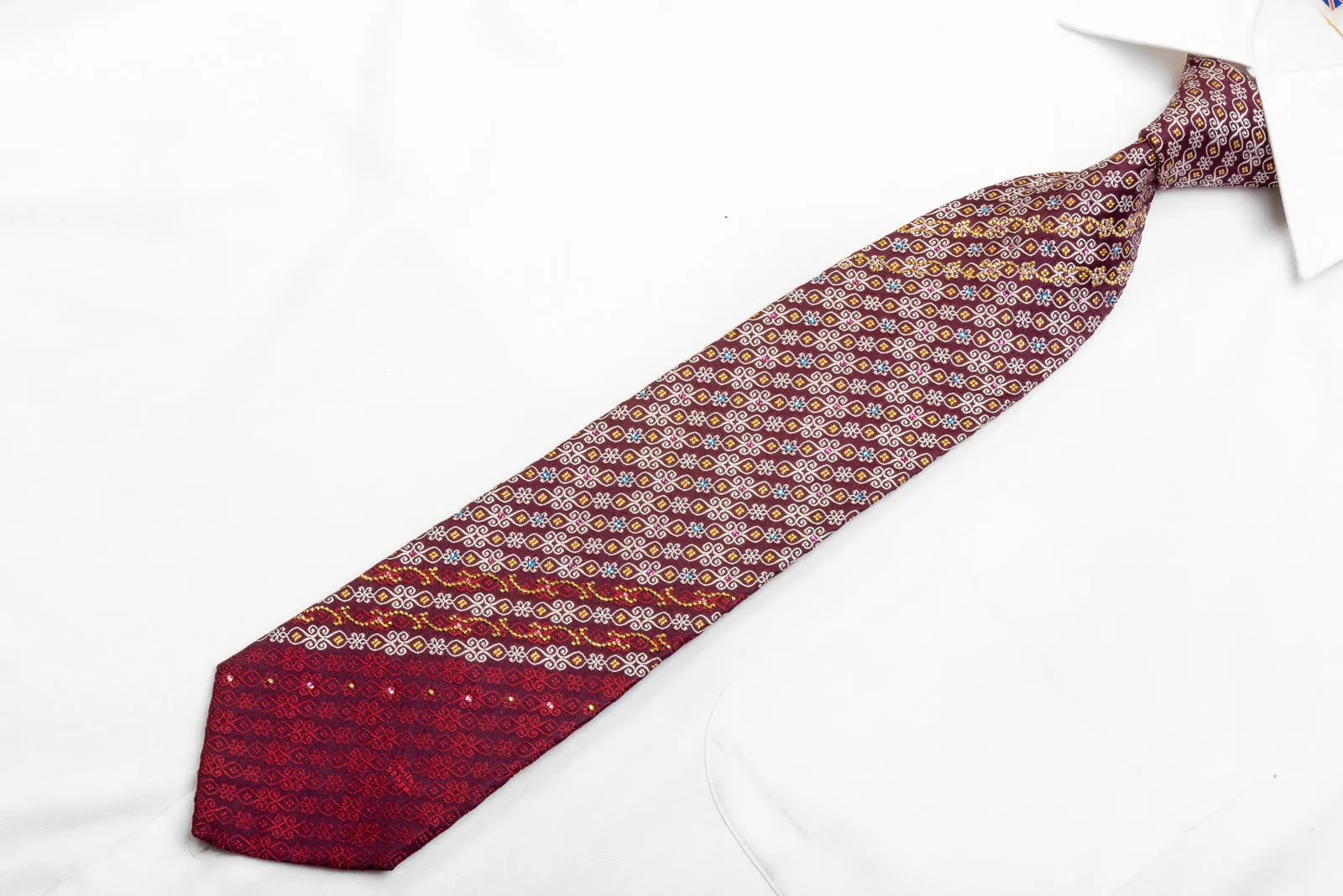 Mila Schon Men's Crystal Rhinestone Necktie Scrolls On Burgundy With Gold Sparkles