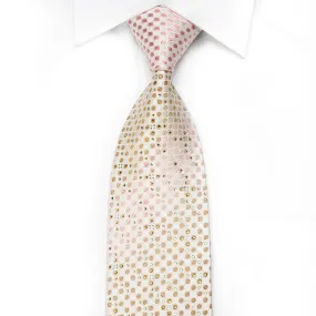 Nicole St Giles Men's Men's Crystal Silk Necktie Pink Beige Checkered On Ivory White Anthemion With Sparkles