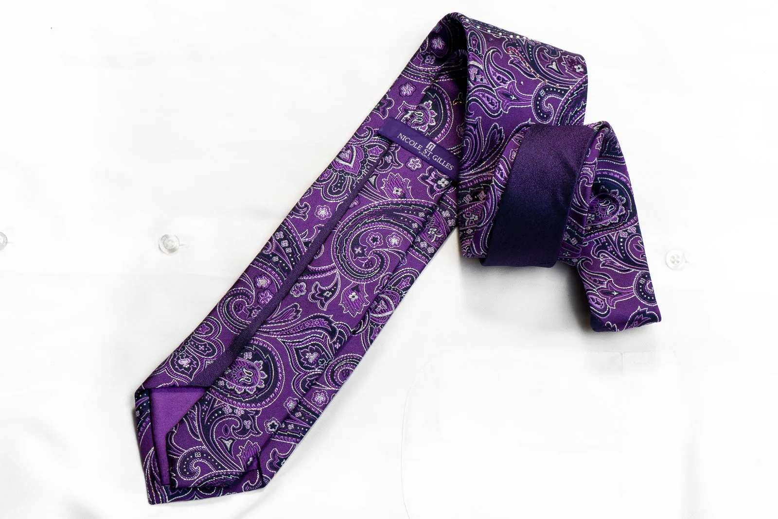 Nicole St Giles Rhinestone Silk Necktie Paisley On Purple With Sparkles