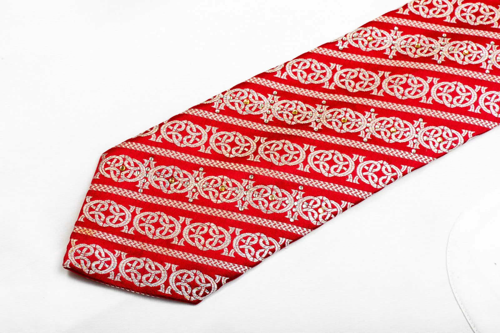 Nicole St Giles Rhinestone Silk Necktie Silver Celtic Knot & Stripes On Red With Sparkles