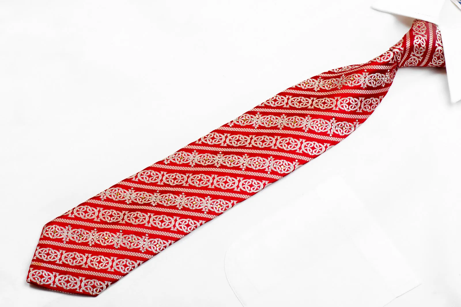 Nicole St Giles Rhinestone Silk Necktie Silver Celtic Knot & Stripes On Red With Sparkles