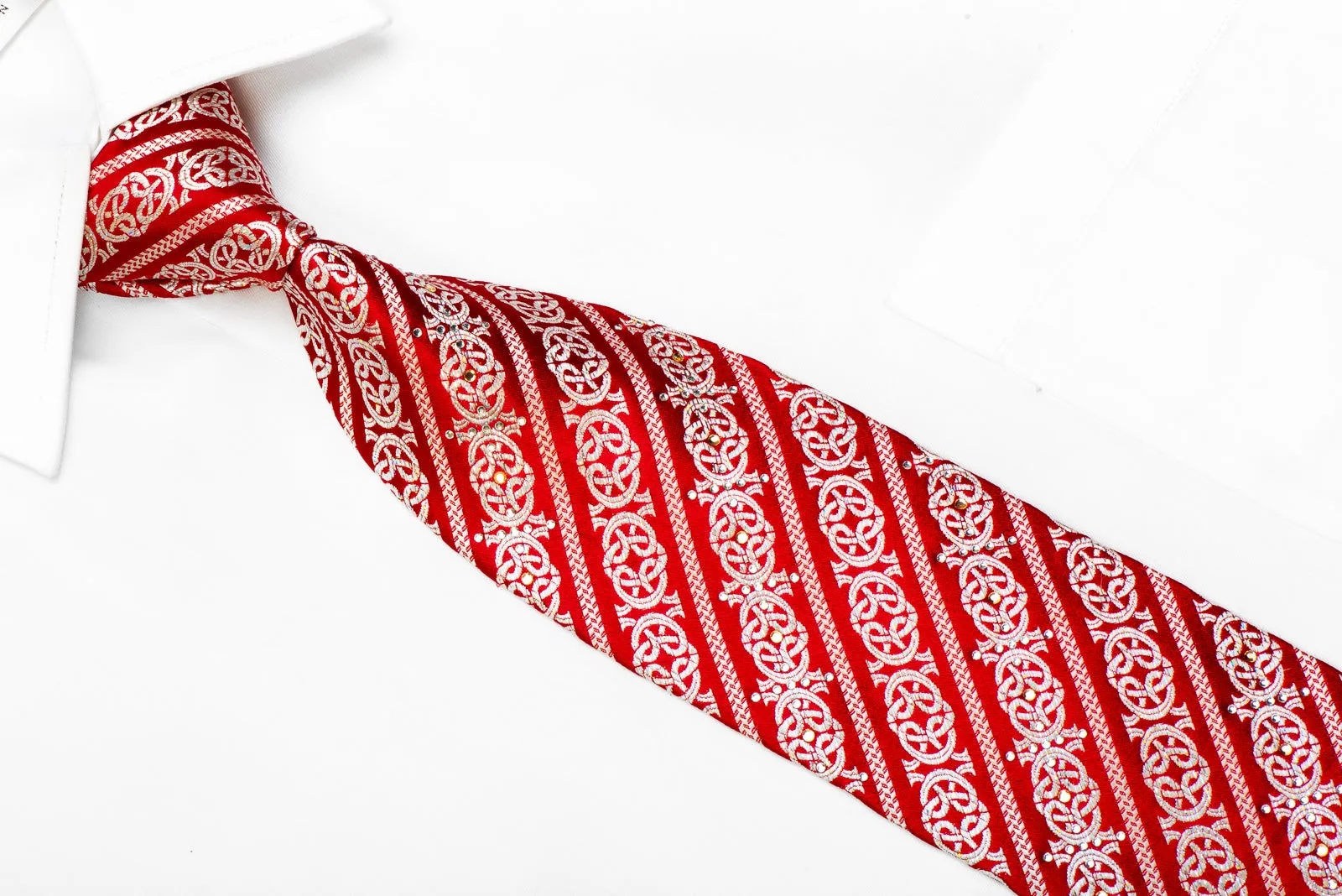 Nicole St Giles Rhinestone Silk Necktie Silver Celtic Knot & Stripes On Red With Sparkles