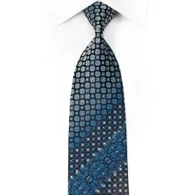 Nina Ricci Mens Crystal Rhinestone Silk Tie Brown Blue Geometric Cartouche On Navy With Sparkles