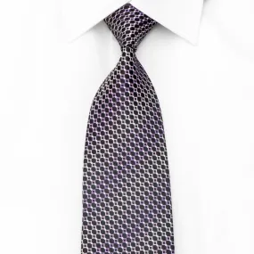 Nina Ricci Men's Silk Necktie Purple Geometric Trellis On Black With Silver Sparkles