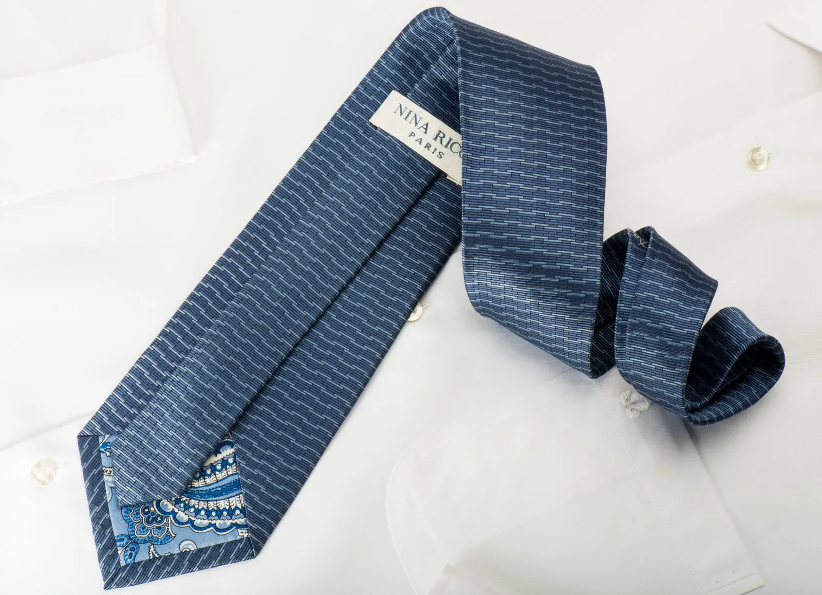 Nina Ricci Silk Necktie Blue Geometric On Navy Classic 3 3/4 Inch