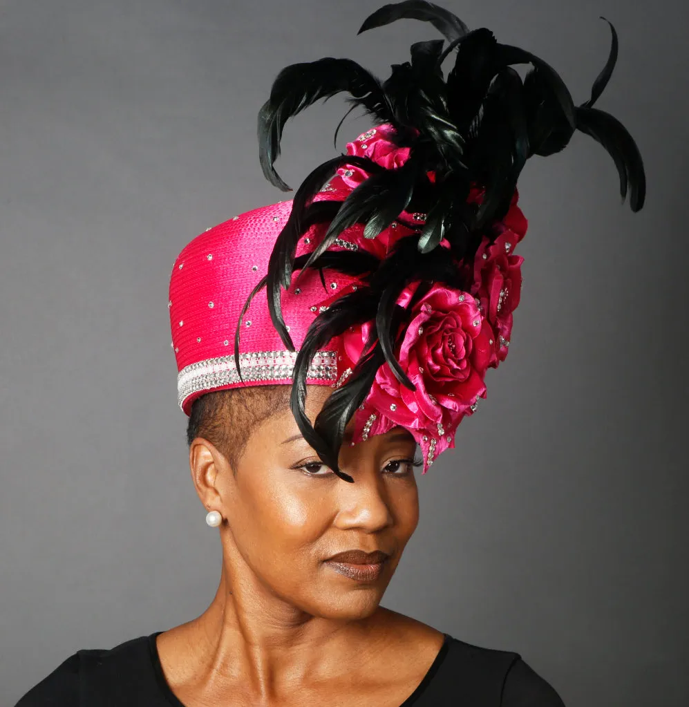 OE0016-Church hat wth black feathers and large satin flowers/rhinestones