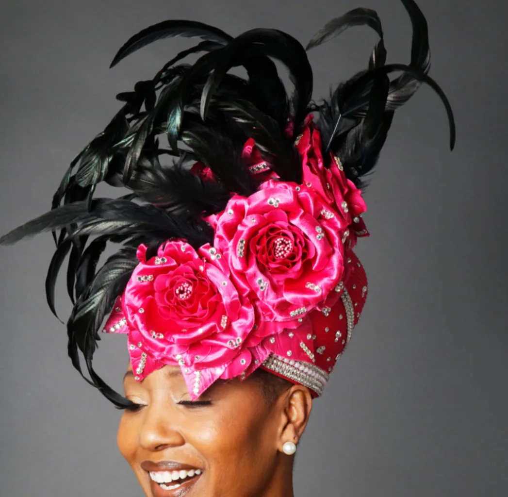 OE0016-Church hat wth black feathers and large satin flowers/rhinestones