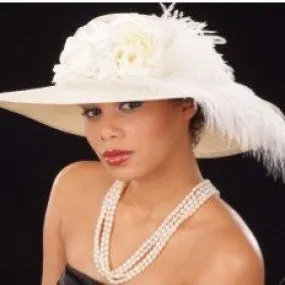 OE8002-Ladies Ivory hat with flowers with ostrich feathers