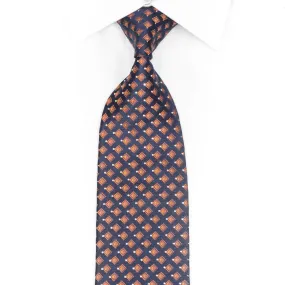 Orange Geometric On Navy Blue Rhinestone Silk Necktie With Gold Sparkles