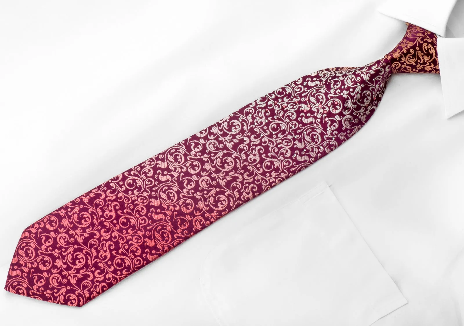 Park Land Men's Crystal Rhinestone Necktie Orange Acanthus On Burgundy Silk