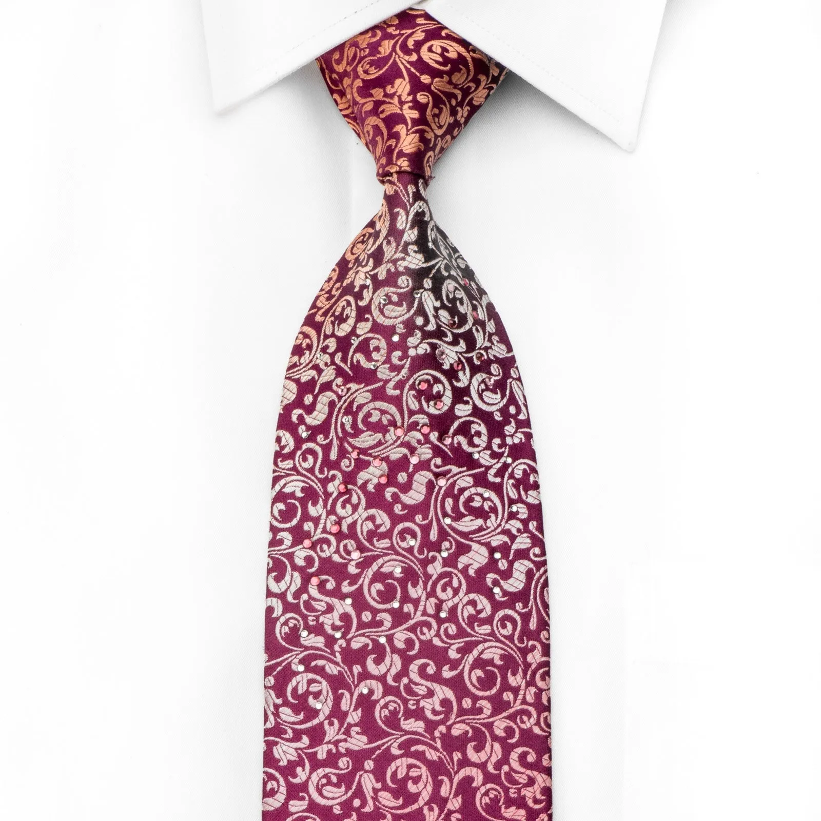 Park Land Men's Crystal Rhinestone Necktie Orange Acanthus On Burgundy Silk